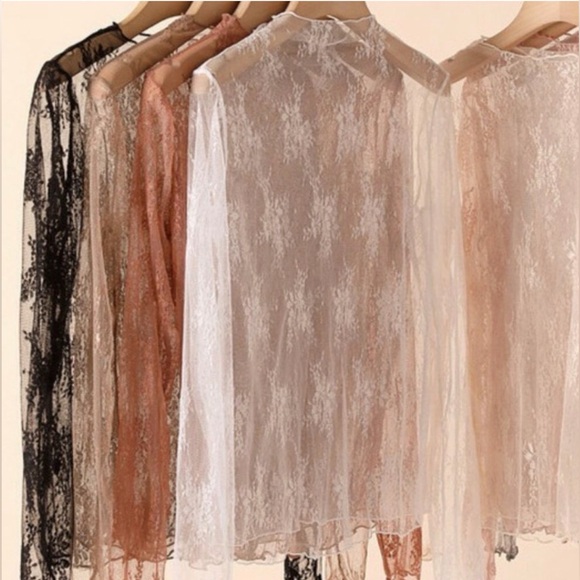 Lace Mesh Sheer Mock Top Floral Layering Stretchy Tan NEW - Picture 4 of 5